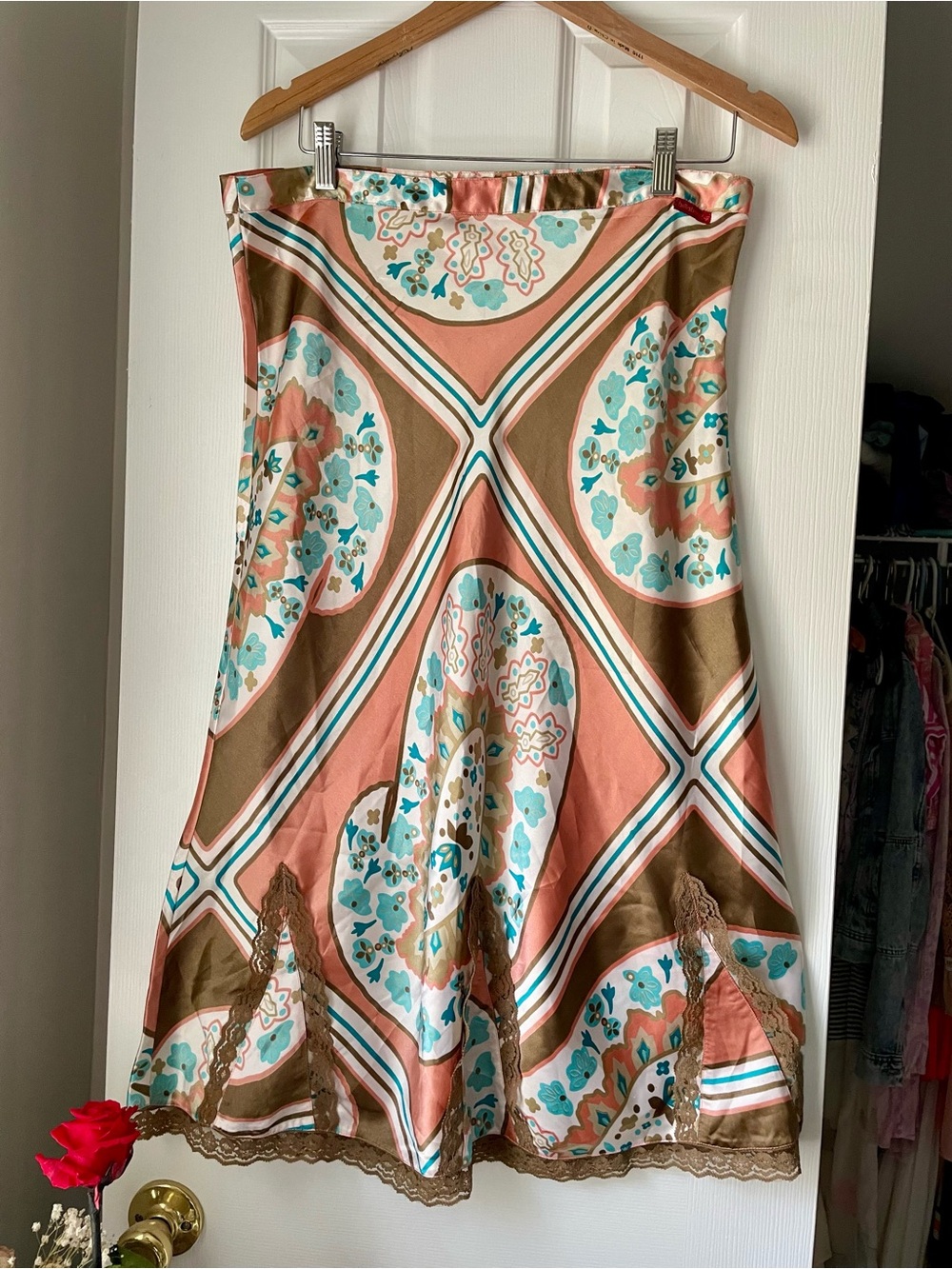 90’s Billabong Geometric Midi Silky Skirt in Peach and Aqua